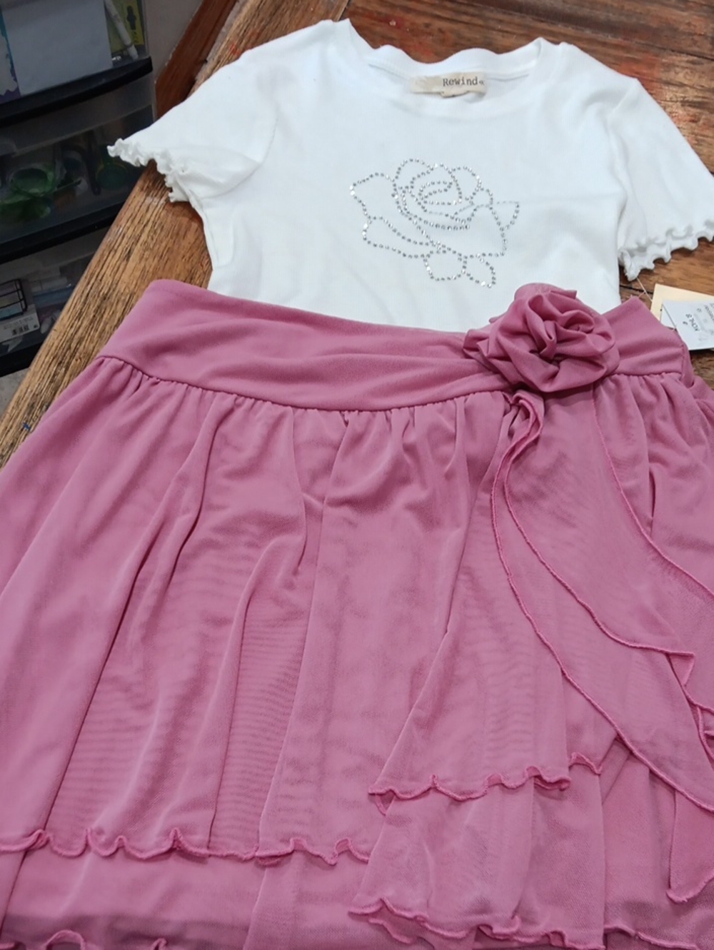 Rewind Rose Pink Layered Tulle Skirt with Flower Accent And White Top With Rose